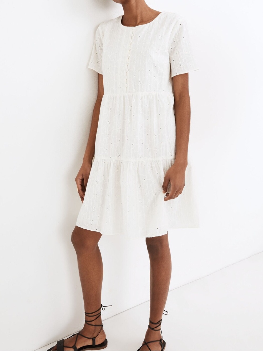 Madewell Embroidered Eyelet Button-Front Tiered Mini Dress short sleeve in cream